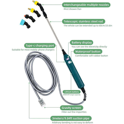2400mAh Portable Electric Sprayer Wand. 3 nozzles, high - pressure, for garden plant watering. eprolo