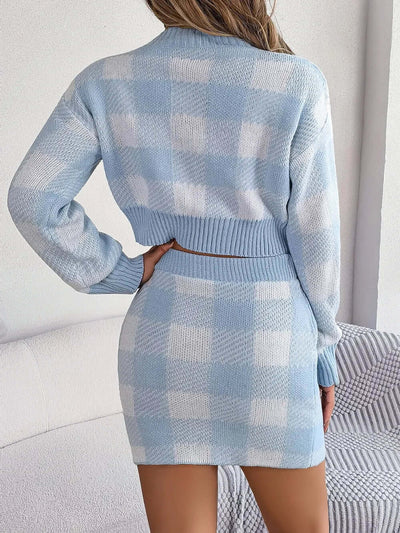 Plaid Round Neck Top and Skirt Sweater Set eprolo