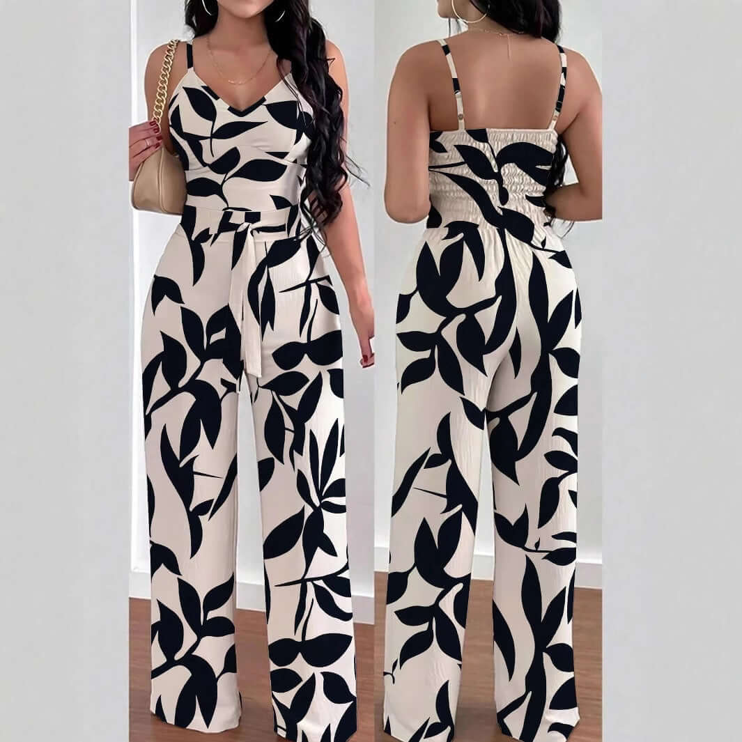 Fashion Floral Print Jumpsuit Elastic Waist Belt Jumpsuit eprolo