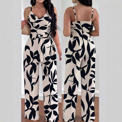 Fashion Floral Print Jumpsuit Elastic Waist Belt Jumpsuit eprolo