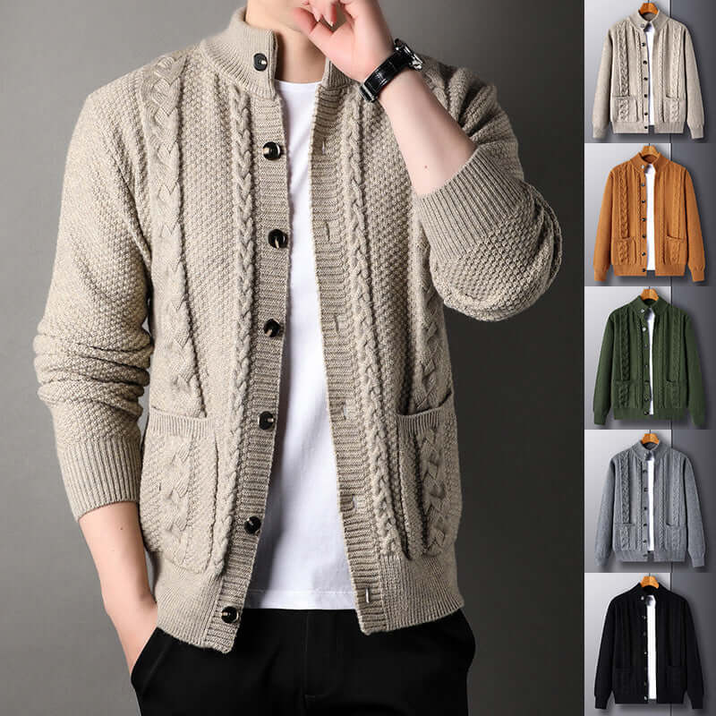 Men's loose-fitting cardigan in various colors, featuring pockets and a stylish jacquard design for comfortable wear.