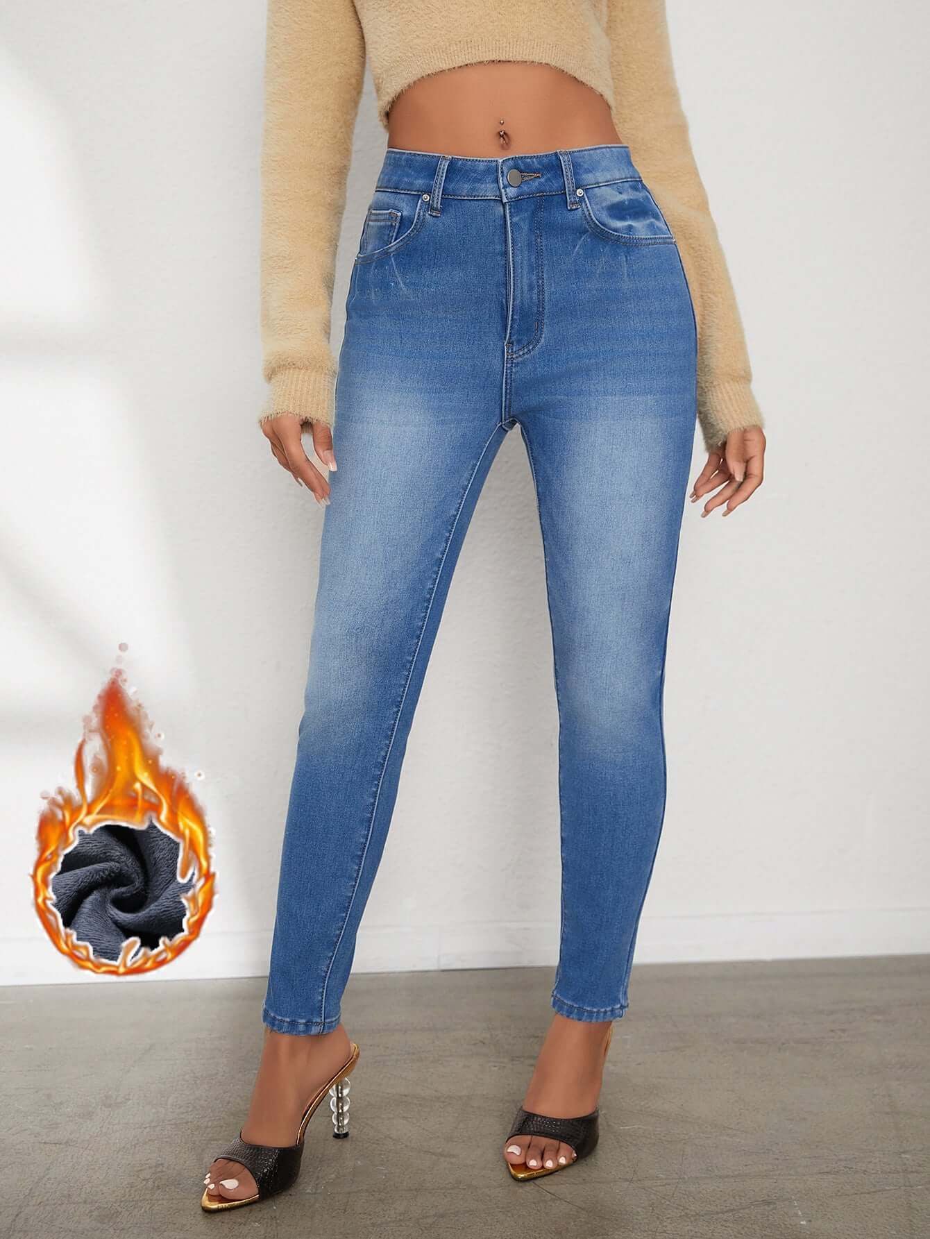 Ladies' High Waisted Comfortable Small Feet With Plush Jeans eprolo
