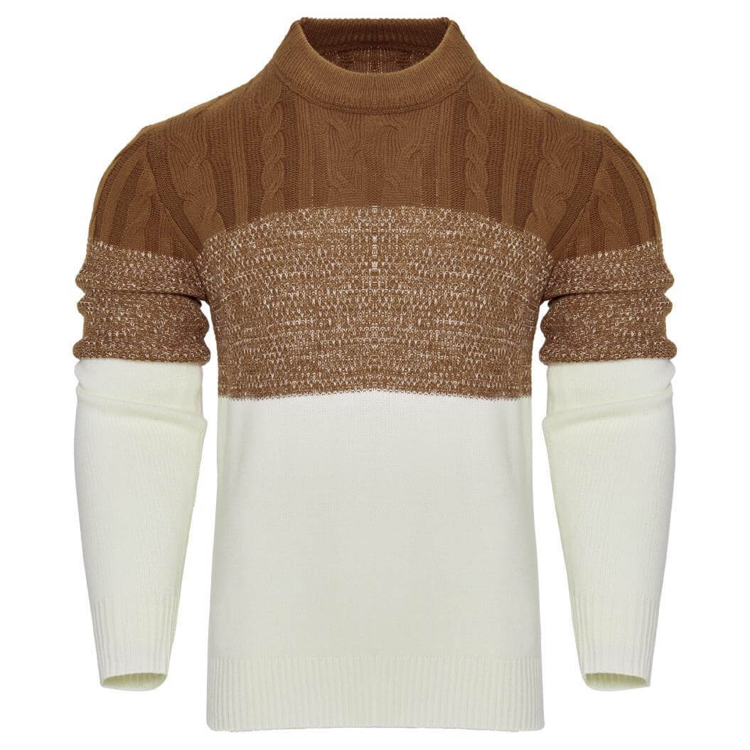 Men's long-sleeved knitted sweater in brown and cream, perfect for fall and winter fashion.