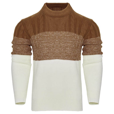 Men's long-sleeved knitted sweater in brown and cream, perfect for fall and winter fashion.