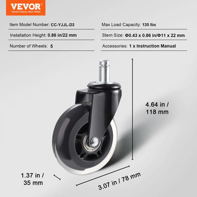 VEVOR heavy-duty caster wheels for office chairs, safe for hardwood and carpet
