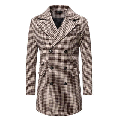 Men's mid-length plaid overcoat in dark gray and brown, featuring double-breasted design and straight hem.