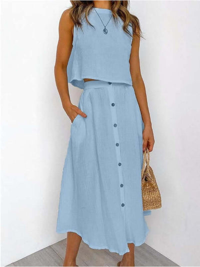 Women's Fashionable Simple Round Neck Vest Shirt Mid-length Dress Two-piece Suit eprolo