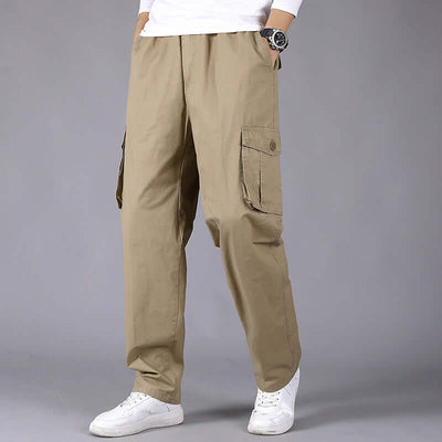 Korean style loose straight leg pants, open hem, multiple pockets, ideal for casual outdoor wear, thin and durable fabric.