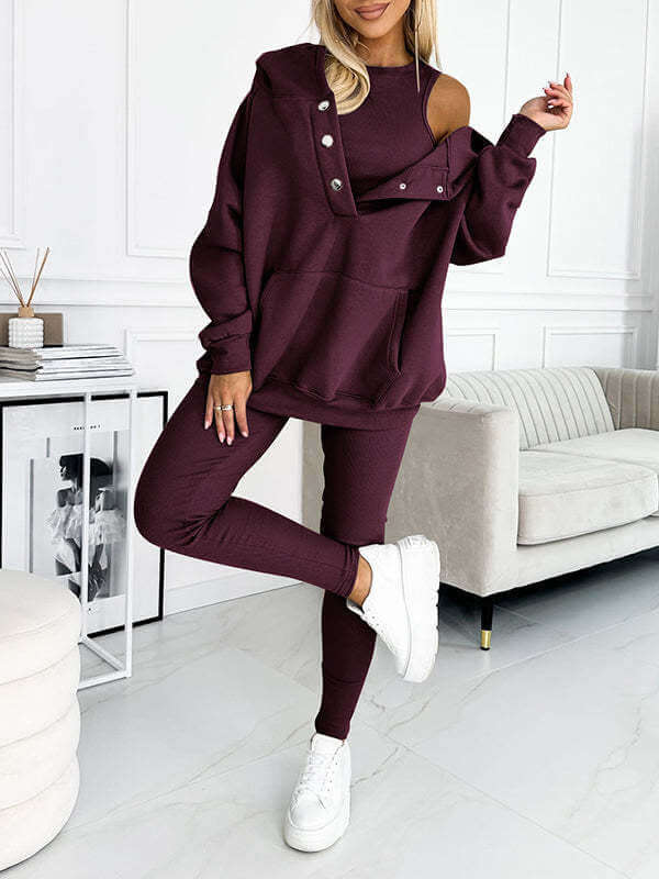 3pcs Women's Sports Suit Loose Hooded Pockets Sweatshirt And Vest And Slim Trousers eprolo