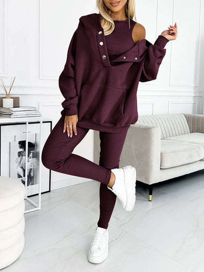3pcs Women's Sports Suit Loose Hooded Pockets Sweatshirt And Vest And Slim Trousers eprolo