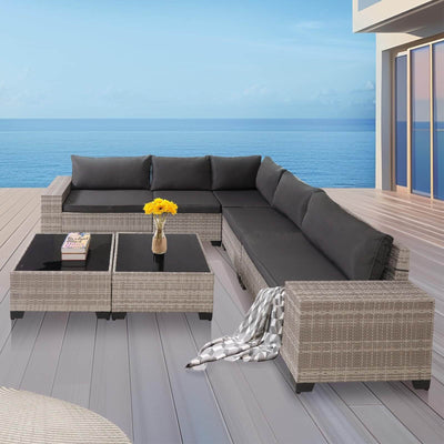 7-Piece Outdoor Patio Furniture Sets, All-Weather Wicker Rattan Sectional Sofa, Modern Two Glass Coffee Table And Washable Seat Cushion eprolo