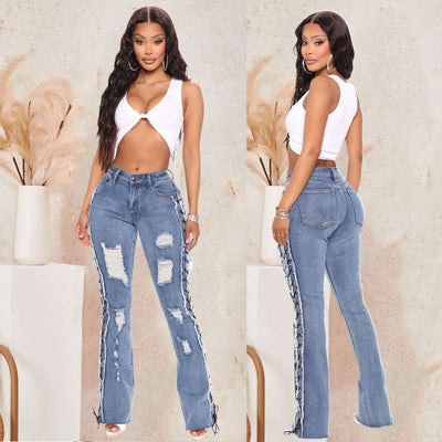 Eyelet Rope High Elasticity Slim Fit Ripped Denim Trousers Dropshipman