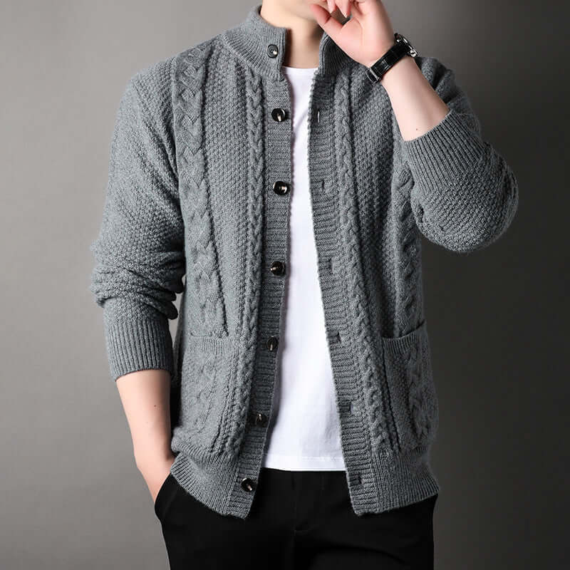 Men's loose-fitting gray cardigan with pockets, stylish knit design, perfect for casual wear.