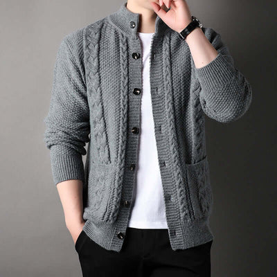 Men's loose-fitting gray cardigan with pockets, stylish knit design, perfect for casual wear.