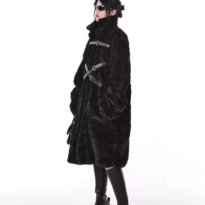 Dark style imitation fur plush coat for women, mid-length, featuring long sleeves and stand collar, perfect for street fashion.