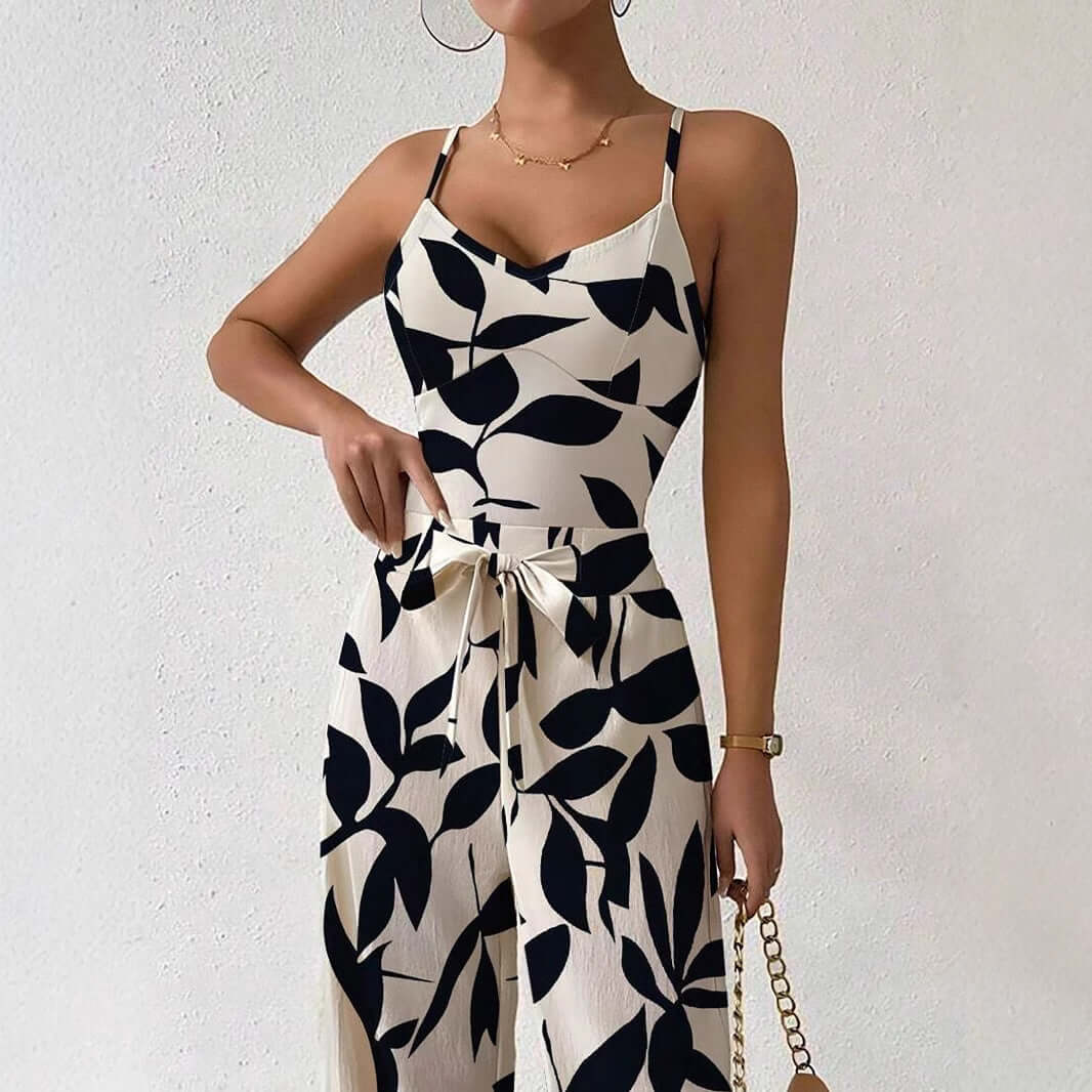 Fashion Floral Print Jumpsuit Elastic Waist Belt Jumpsuit eprolo