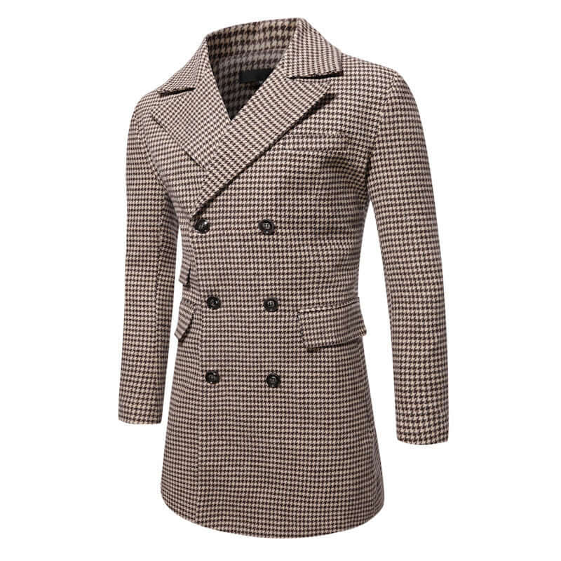 Men's mid-length plaid overcoat in dark gray and brown, featuring a double-breasted design.