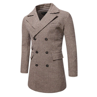 Men's mid-length plaid overcoat in dark gray and brown, featuring a double-breasted design.