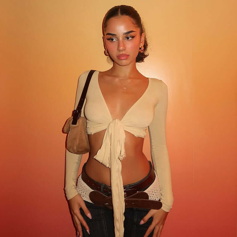 Pure Desire Strap Long-sleeved T-shirt Sexy Deep V-neck Short Blouse eprolo