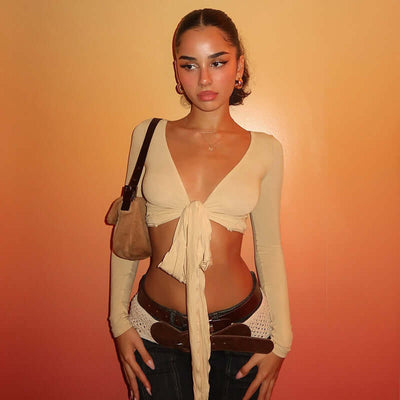 Pure Desire Strap Long-sleeved T-shirt Sexy Deep V-neck Short Blouse eprolo