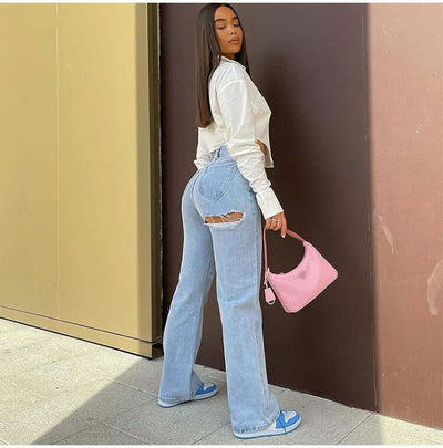 High Waist Stretch Ripped Hem Slit Denim Trousers For Women Dropshipman