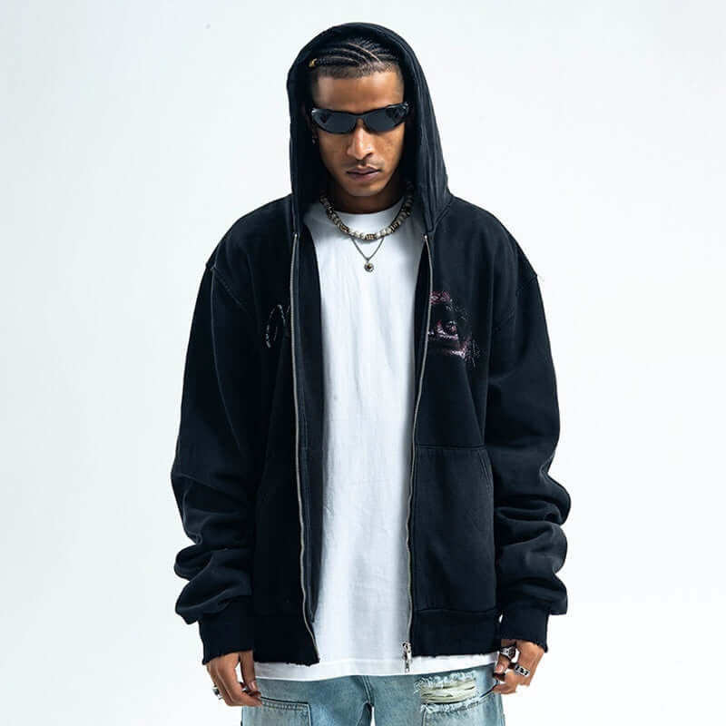 Washed Printed Hoodie Spray Paint Fleece-lined Double Zipper Coat eprolo