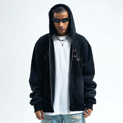 Washed Printed Hoodie Spray Paint Fleece-lined Double Zipper Coat eprolo