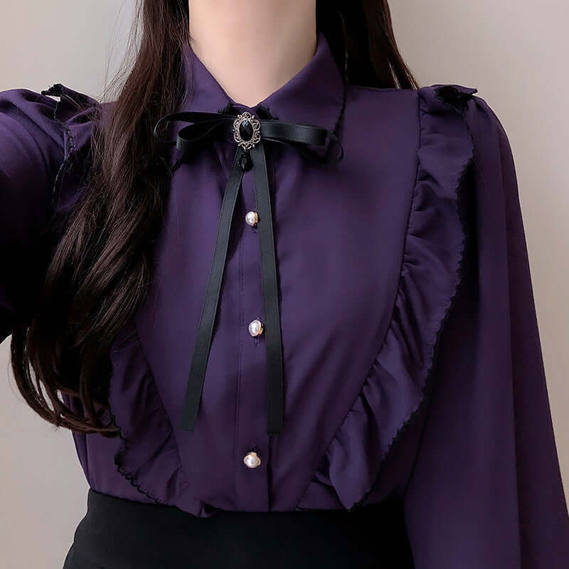 Preppy Style Pearl Buckle Bow Ruffled Collar Shirt eprolo