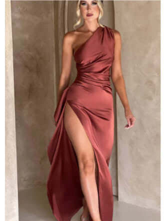 Sexy One-shoulder Backless Slit Dress Summer Elegant Slim-fit Solid Color Satin Dresses For Women Astrazona