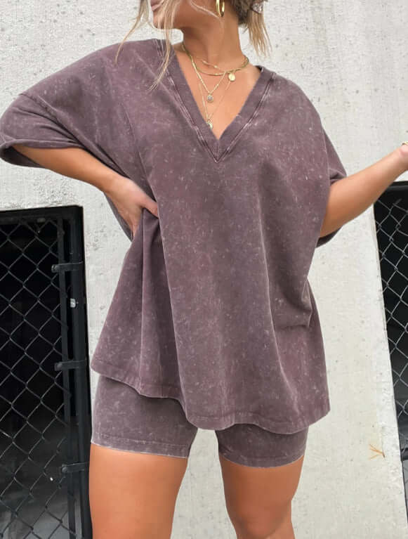 Women's V-Neck Denim-like Short-sleeved T-shirt Casual Shorts Suit eprolo