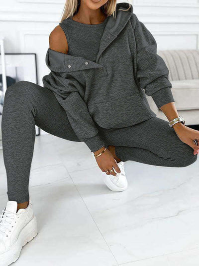 3pcs Women's Sports Suit Loose Hooded Pockets Sweatshirt And Vest And Slim Trousers eprolo