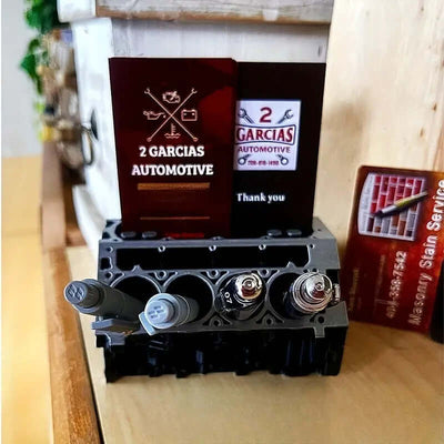 Engine Block Desk Organizer: Modern art for desktop/bookshelf. Holds business cards, a creative office accessory. eprolo