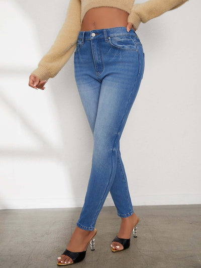 Ladies' High Waisted Comfortable Small Feet With Plush Jeans eprolo
