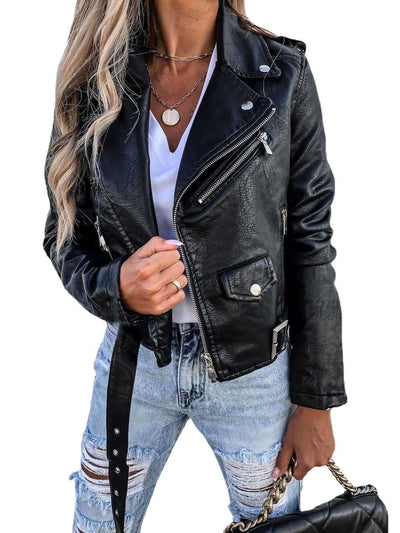 Stylish woman wearing a black PU leather short coat with zipper, paired with distressed jeans.