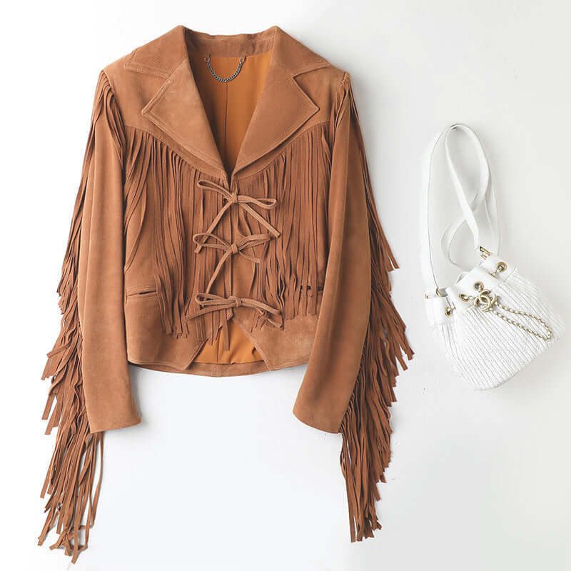 Genuine leather sheepskin suede lapel tassel motorcycle short jacket in yellow-brown color, stylish with fringe details.