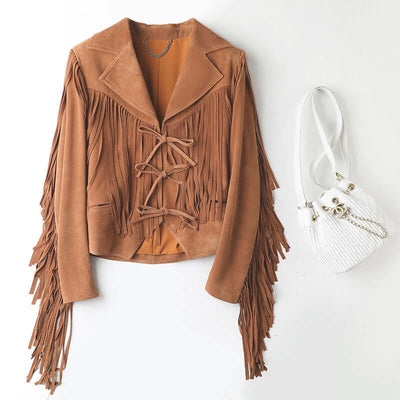 Genuine leather sheepskin suede lapel tassel motorcycle short jacket in yellow-brown color, stylish with fringe details.