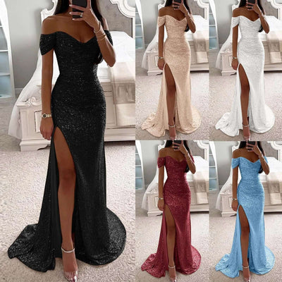 Female Creative Solid Color Sparkling Slit Dress Dropshipman