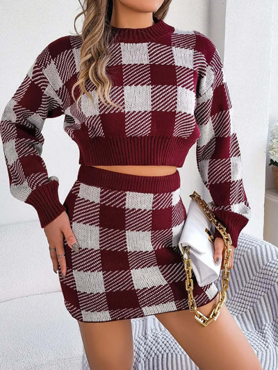 Plaid Round Neck Top and Skirt Sweater Set eprolo