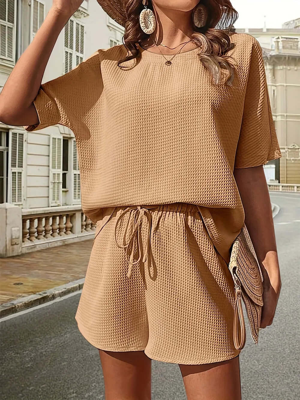 Waffle-Knit Half Sleeve Top and Shorts Set eprolo
