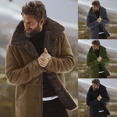 Warm mid-length men's coat in black, brown, and green with fashionable faux fur collar, perfect for winter style.