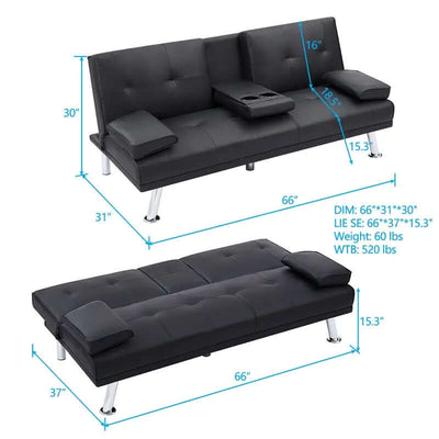 Black PU 66inch Sleeper Sofa,2-seat Sofa With Cup Holder, Folding Sofa Bed, Accompany Two Head Pillows eprolo