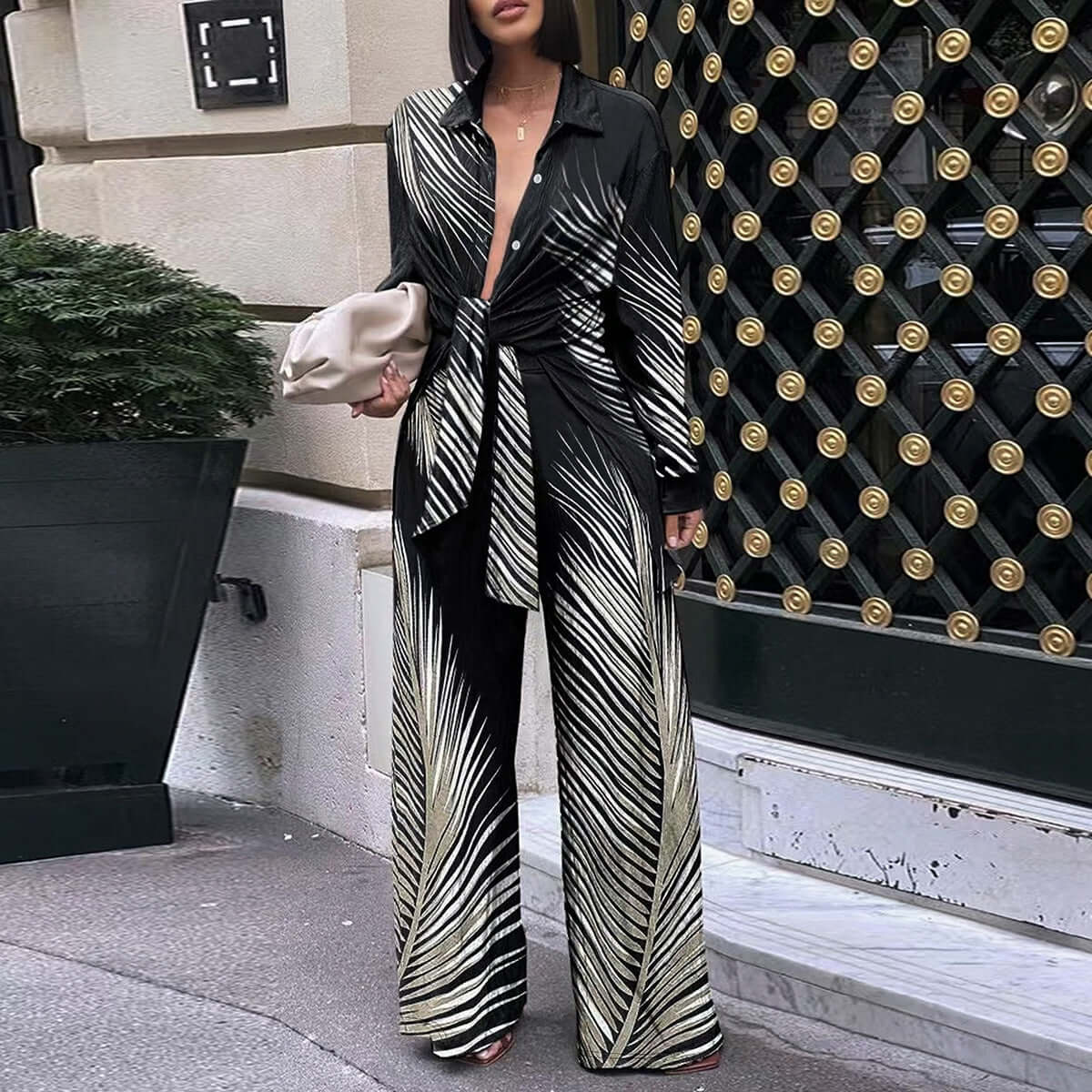 Women's Fashion Printed Long-sleeved Trousers Casual Shirt Two-piece Set eprolo
