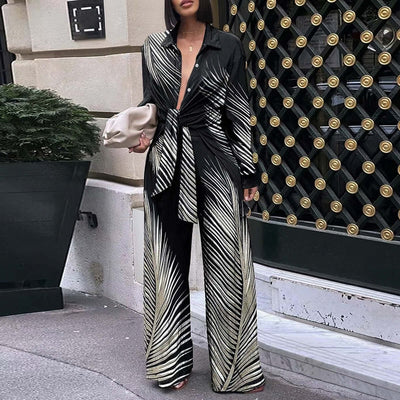 Women's Fashion Printed Long-sleeved Trousers Casual Shirt Two-piece Set eprolo