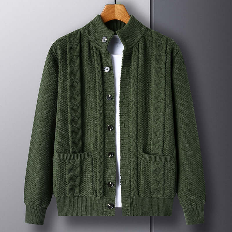 Stylish green single-breasted cardigan with pockets, featuring a unique jacquard pattern, perfect for youth men's fashion.