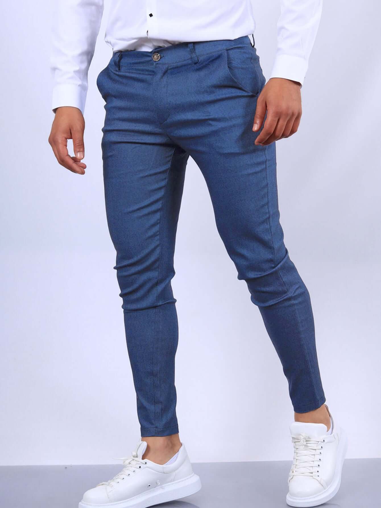 Men's Slim Button Trousers Fashion Solid Office Versatile Long Pencil Pants Astrazona