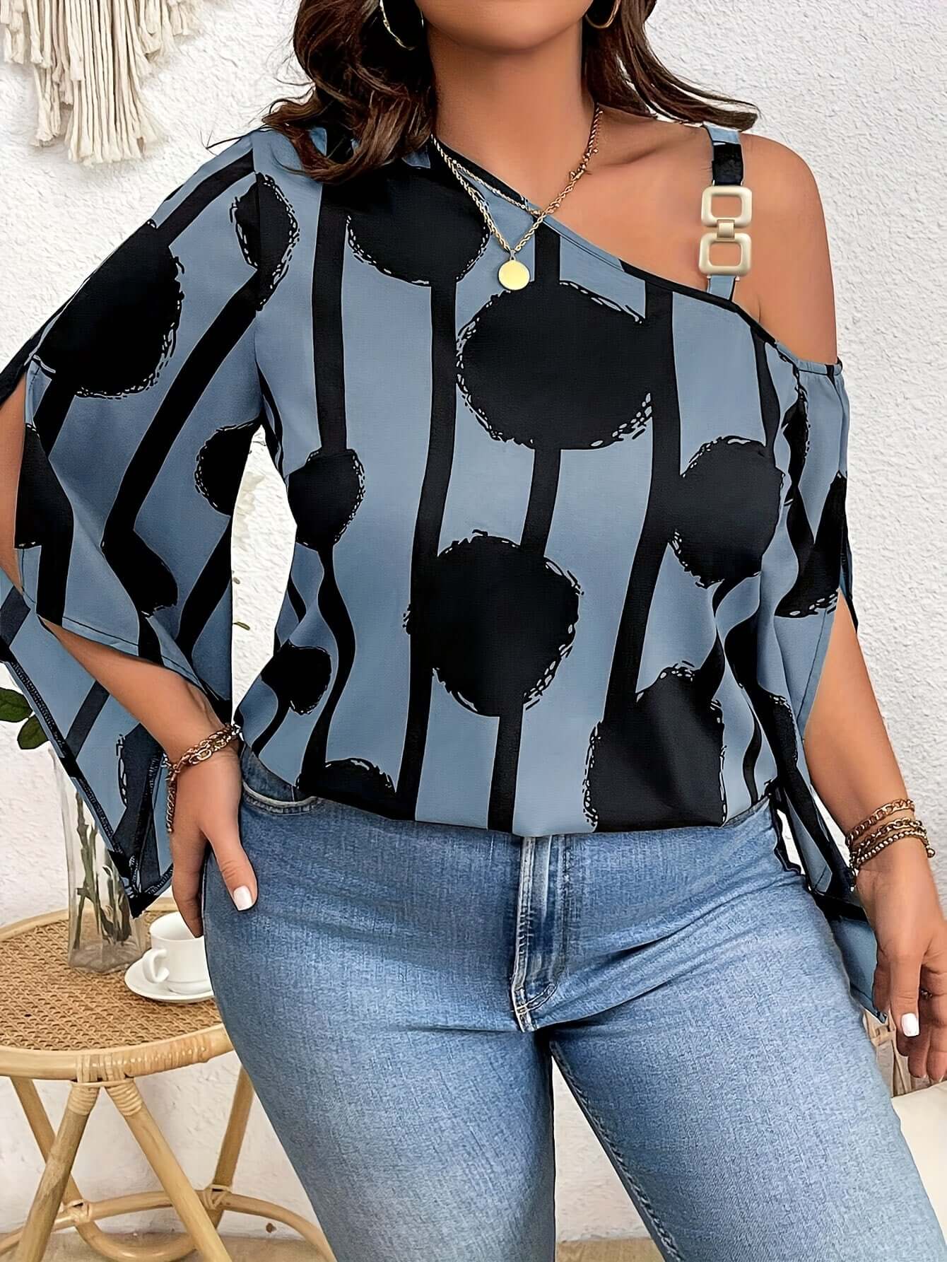 Women's Plus Size Printed Fashion Off-the-Shoulder Charming Chain Three-quarter Sleeve Blouse - Casual Top eprolo