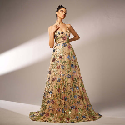 "Chic Sleeveless Sequined Evening Dress with Suspender Detail Dropshipman