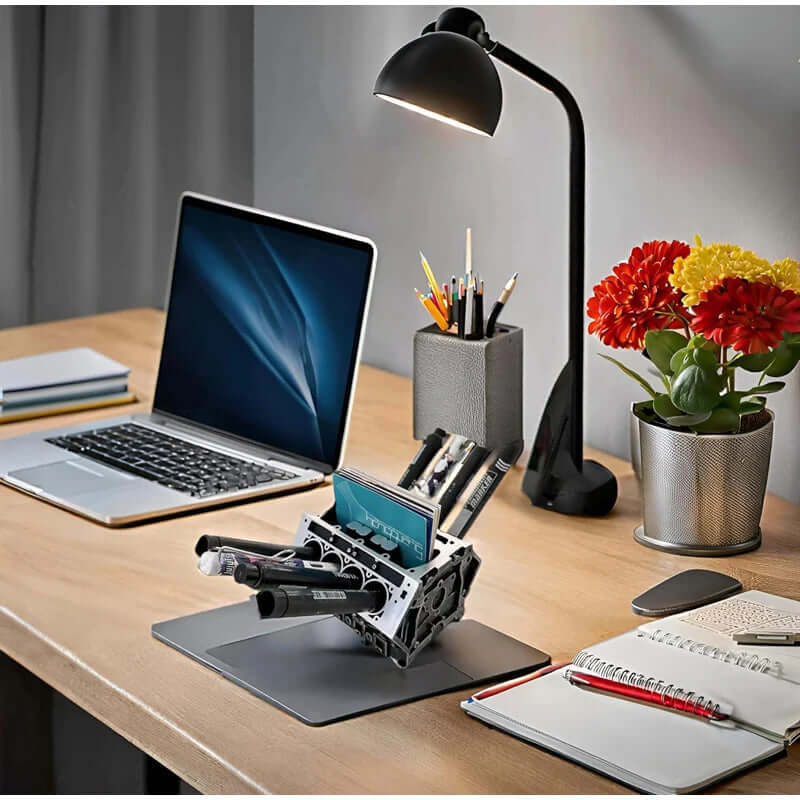 Engine Block Desk Organizer: Modern art for desktop/bookshelf. Holds business cards, a creative office accessory. eprolo