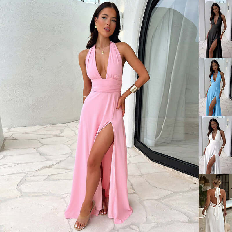 Sexy Halterneck V-neck Slit Dress Summer Backless Strappy Skirt Fashion Temperament Clothing Women Astrazona