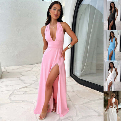 Sexy Halterneck V-neck Slit Dress Summer Backless Strappy Skirt Fashion Temperament Clothing Women Astrazona